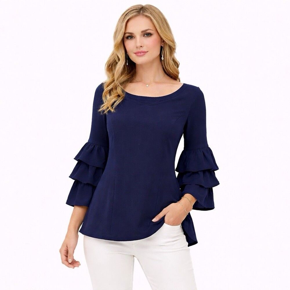 eShakti Top Navy Longline Tiered Ruffle Sleeves Back Zip Size 8